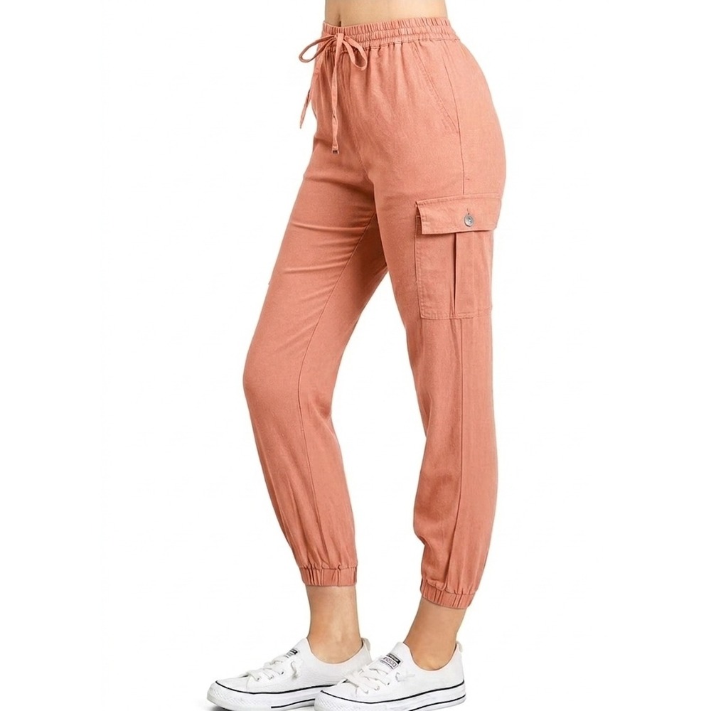 Clean Girl Linen Blend Y2K Cargo Pants Athleisure Activewear Orange Peach Size L